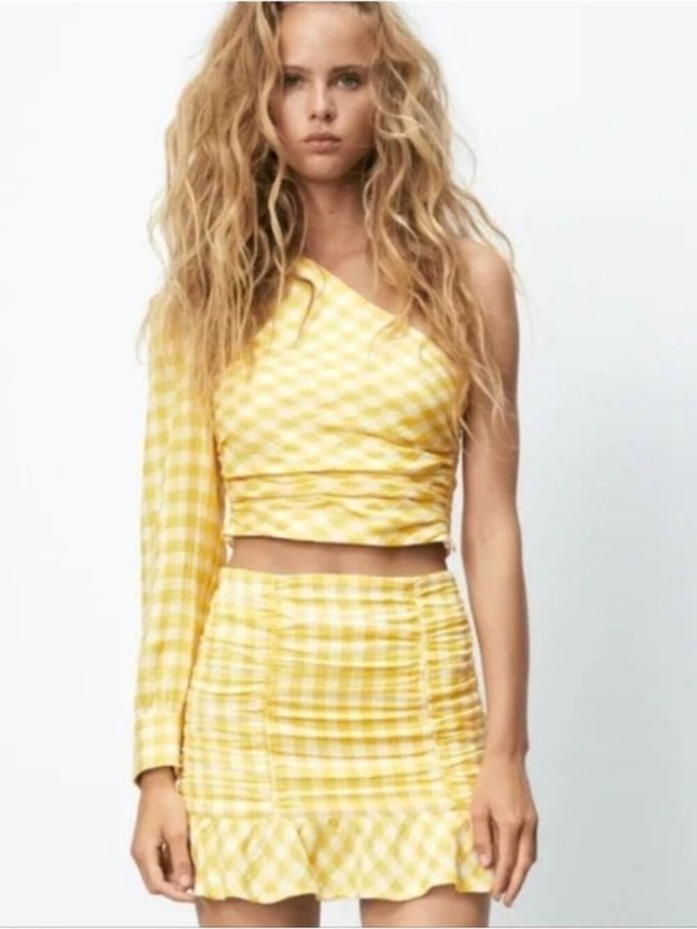 NWT ZARA | One Shoulder Yellow and White Gingham Check Top Sz XS